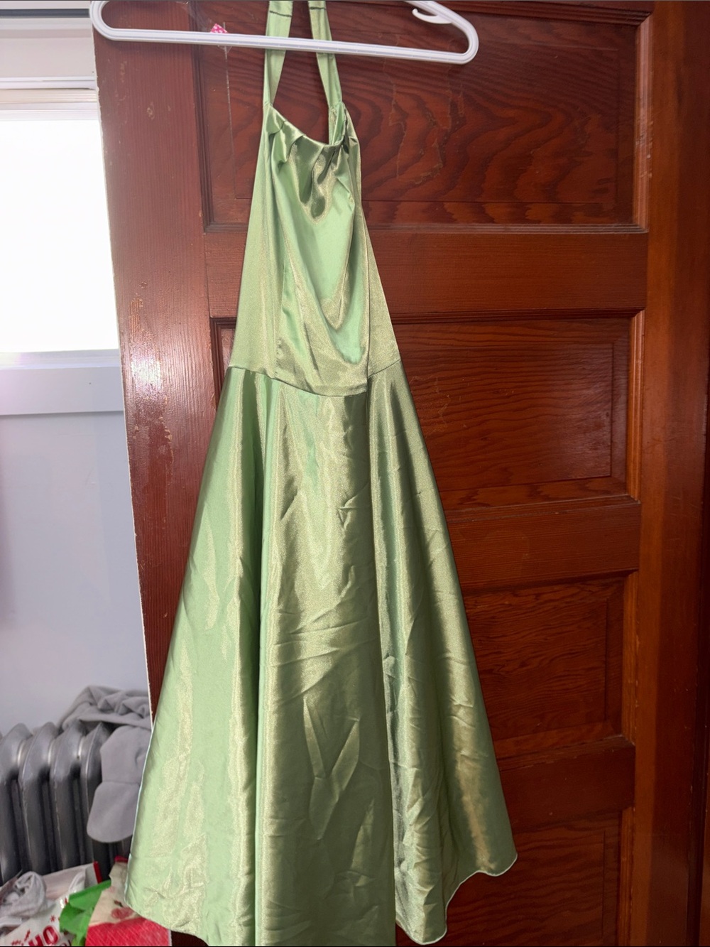 Green Satin Halter A-Line Dress